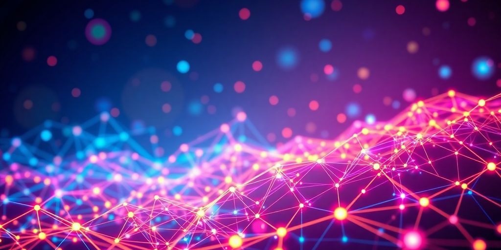 Futuristic digital landscape with vibrant colors and nodes.