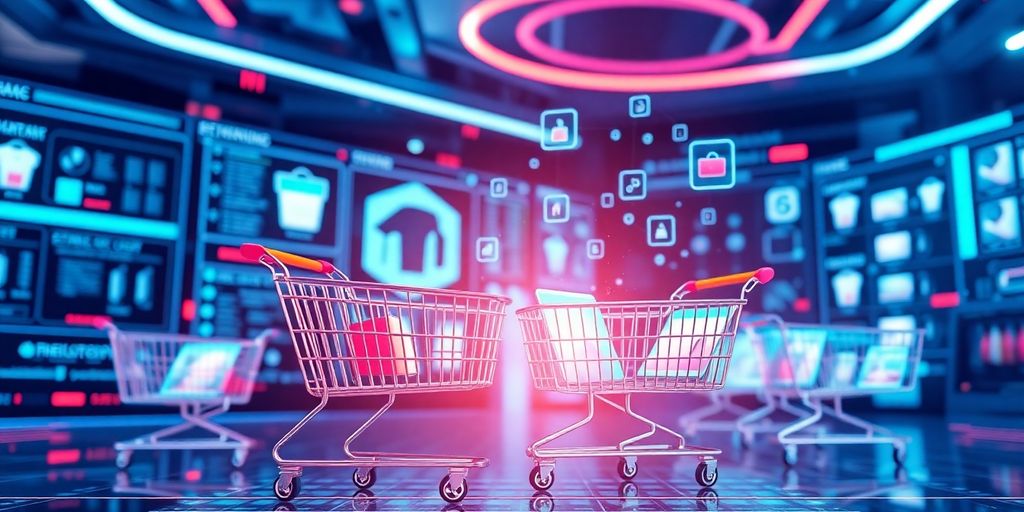 Futuristic eCommerce scene with digital shopping elements.