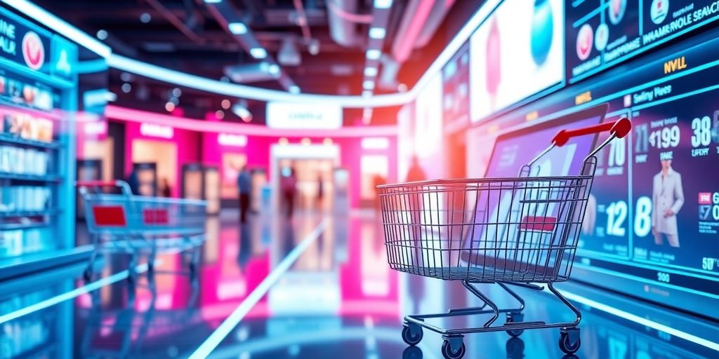 Futuristic eCommerce scene with advanced technology and shopping carts.