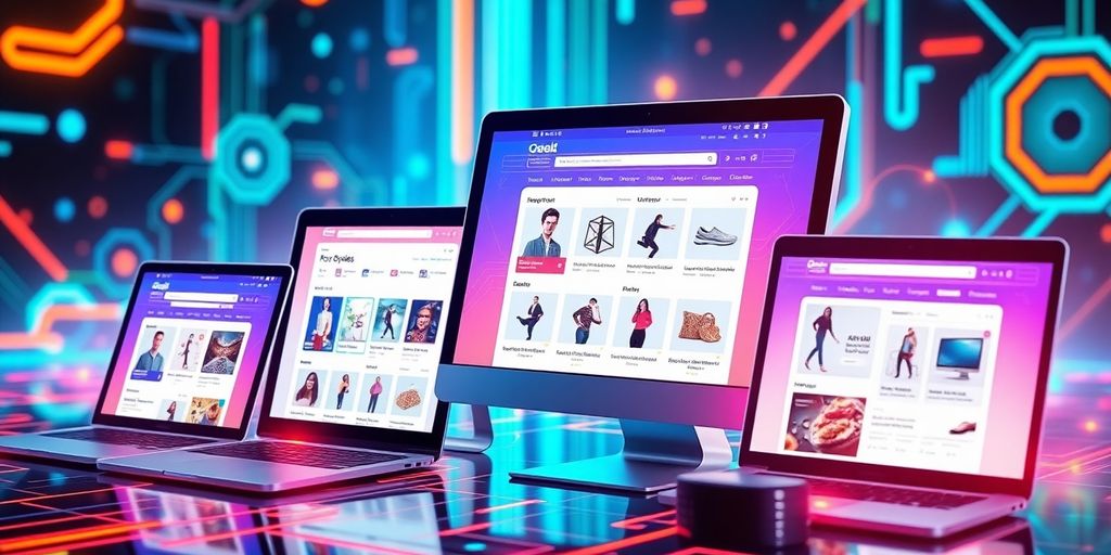 Futuristic e-commerce landing pages on digital devices.