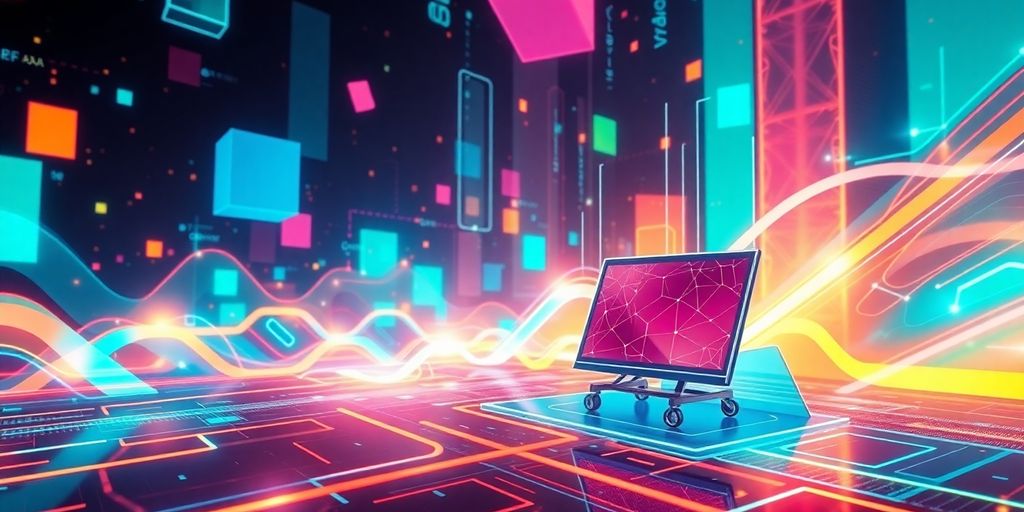 Futuristic digital landscape with vibrant technology elements.