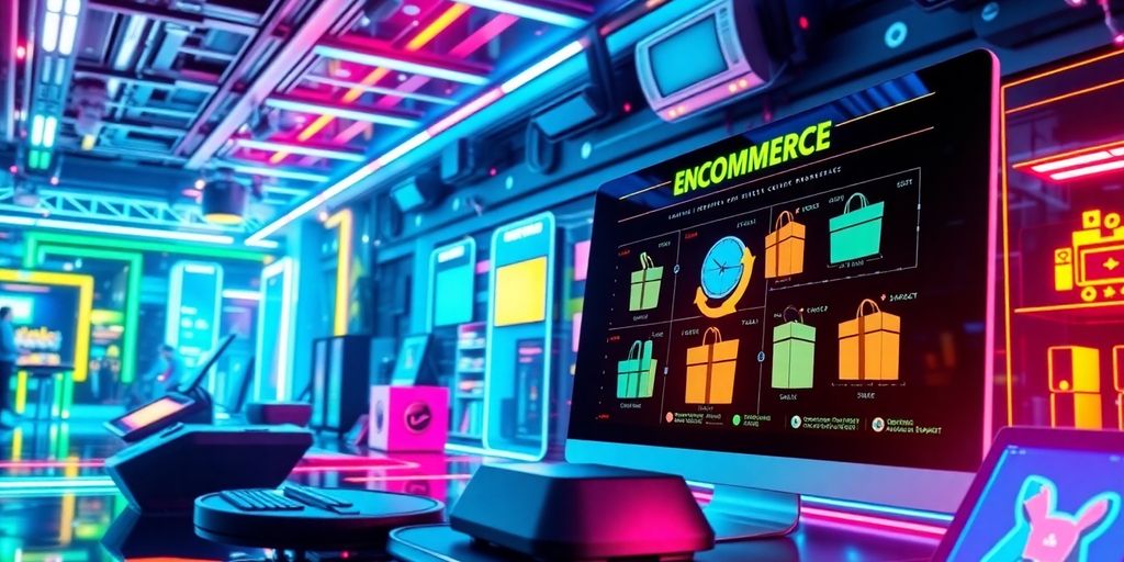 Futuristic e-commerce scene with advanced technology elements.