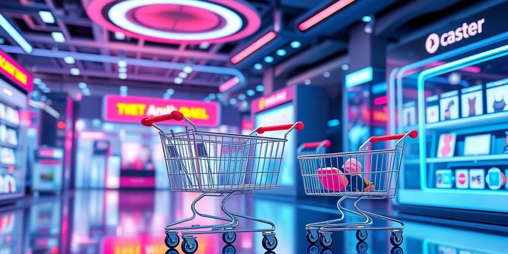 Futuristic eCommerce scene with advanced technology and shopping carts.