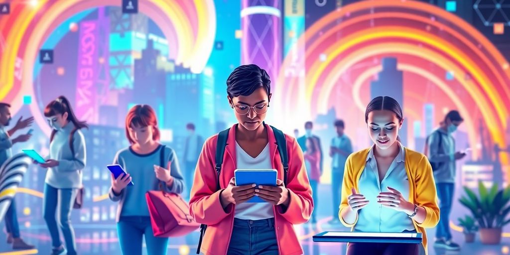 Futuristic digital landscape with diverse individuals and technology.