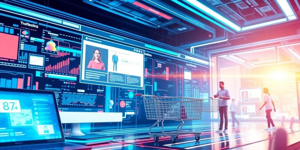 Futuristic e-commerce technology with vibrant digital elements.