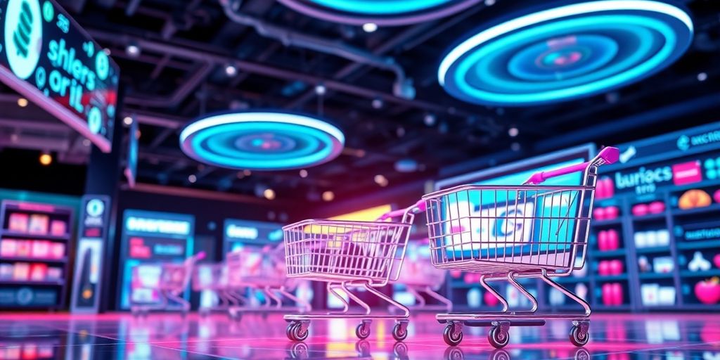 Futuristic eCommerce scene with advanced technology and products.