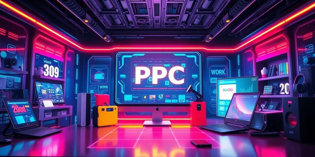 Futuristic e-commerce technology with digital devices and interfaces.