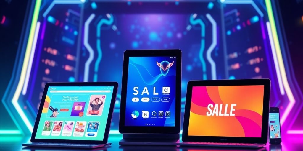 Futuristic e-commerce scene with digital ads on devices.