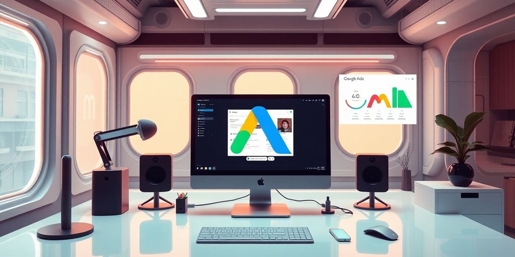 Futuristic workspace with advanced technology for marketing.