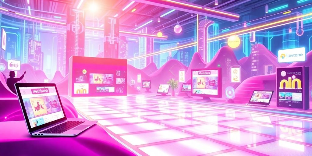 Futuristic e-commerce scene with digital ad formats.