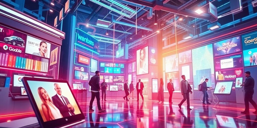 Futuristic e-commerce scene with advanced technology elements.