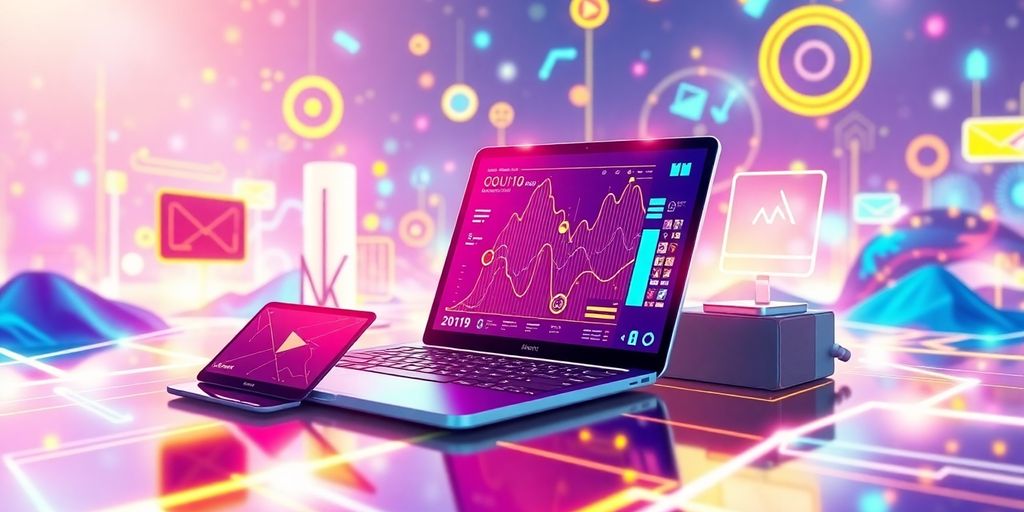 Futuristic digital landscape with technology elements for marketing.