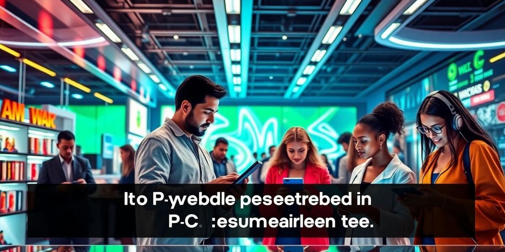 Futuristic e-commerce scene with diverse individuals and technology.