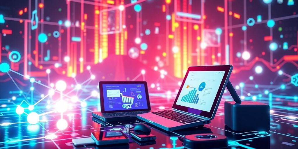 Futuristic digital landscape with interconnected devices and colors.