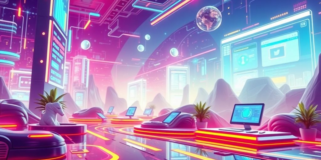 Futuristic digital landscape with technology and e-commerce elements.