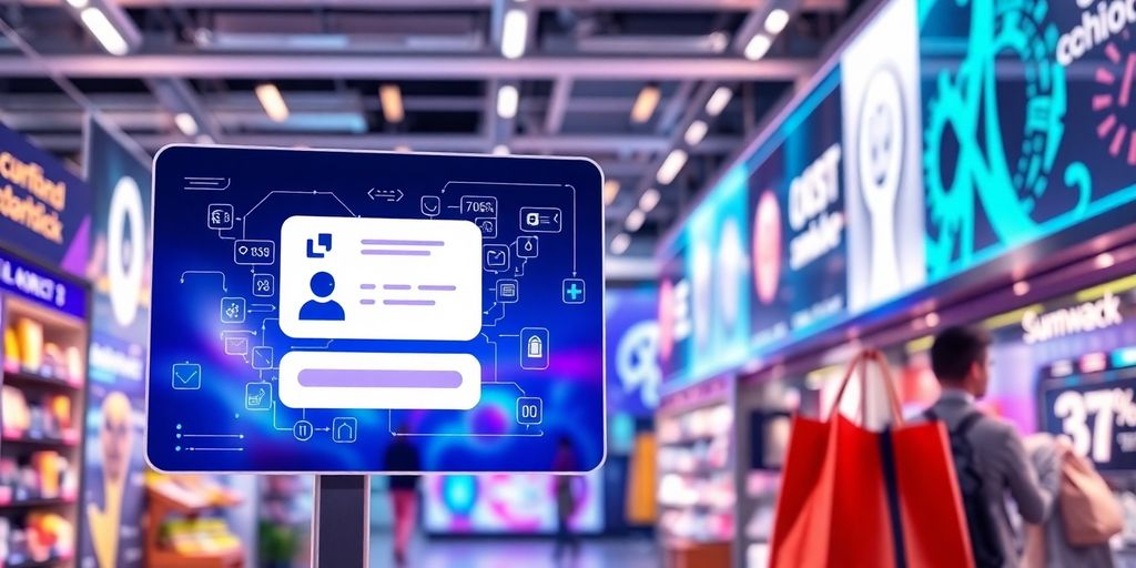 Futuristic ecommerce scene with AI chatbot interface.