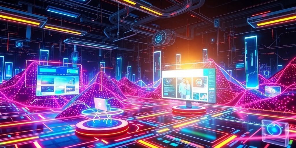 Futuristic digital landscape with e-commerce technology elements.