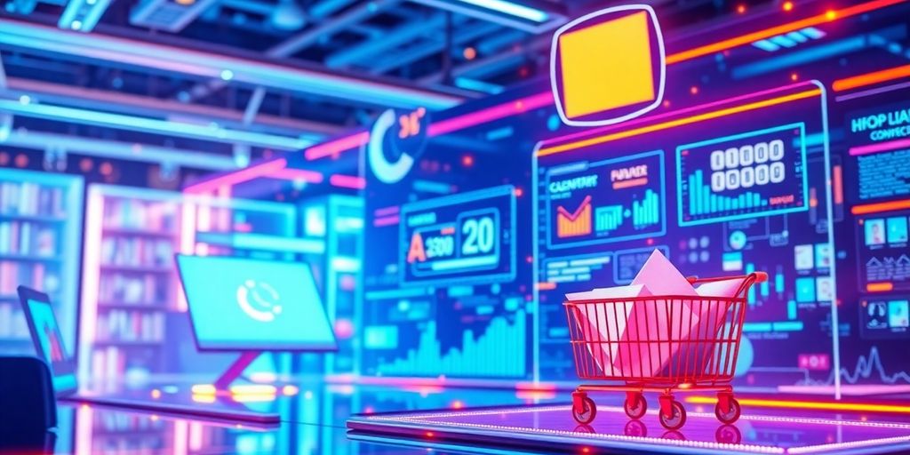 Futuristic eCommerce technology with vibrant digital interfaces.