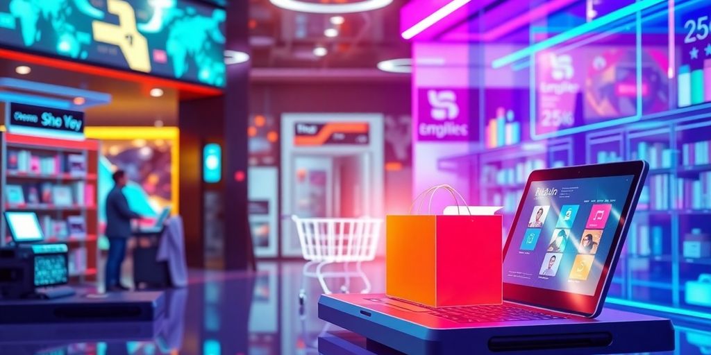 Futuristic eCommerce technology with vibrant digital interfaces.