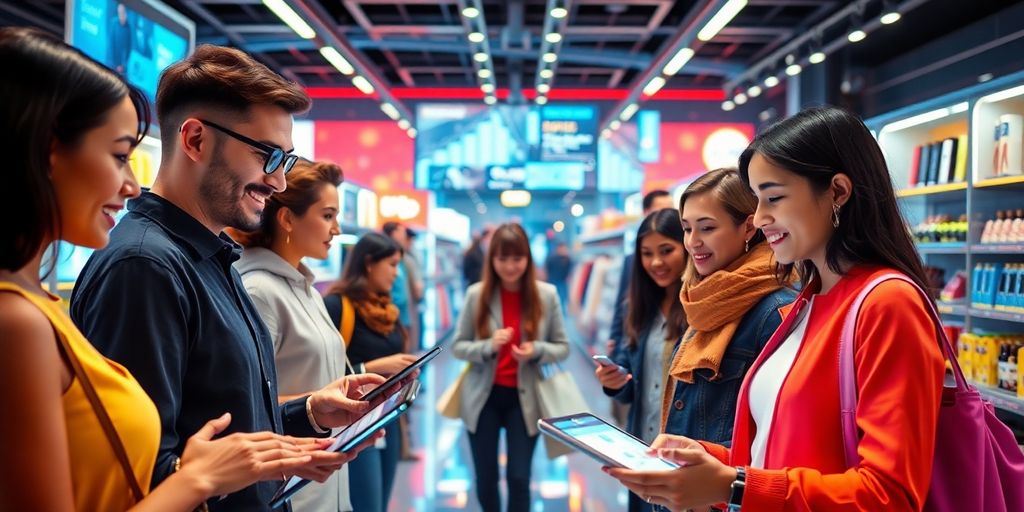 Futuristic eCommerce scene with diverse shoppers and technology.