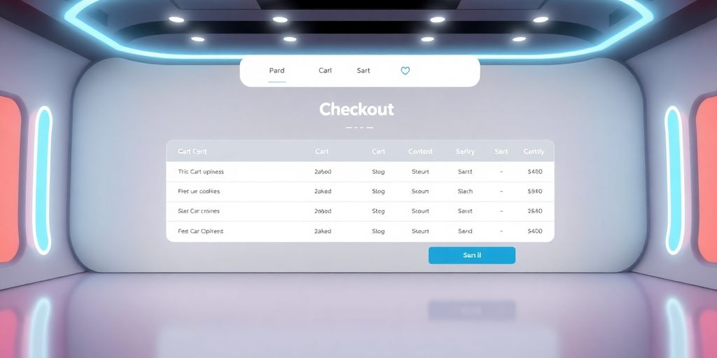 Futuristic checkout interface with clear cart contents.