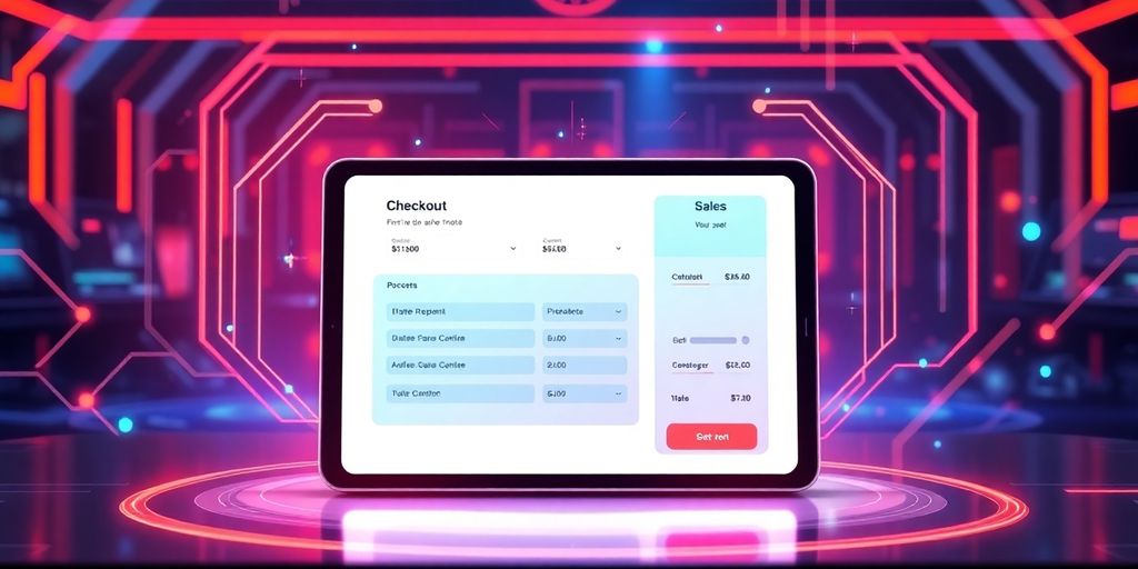 Futuristic checkout interface on a digital device.