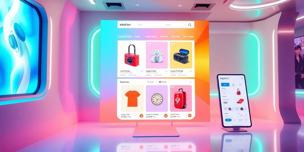 Futuristic e-commerce product page design with vibrant images.