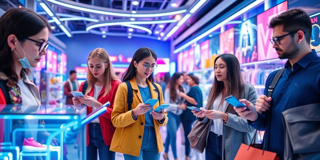 Futuristic e-commerce scene with diverse shoppers and technology.