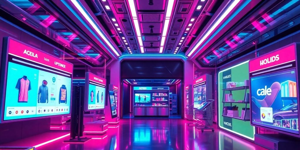 Futuristic e-commerce scene with vibrant digital interfaces.