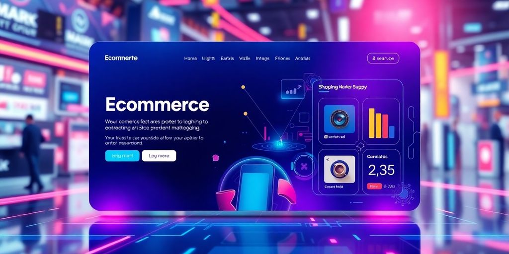 Futuristic ecommerce landing page with interactive elements.