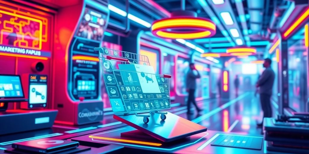 Futuristic e-commerce technology with vibrant colors and sleek designs.