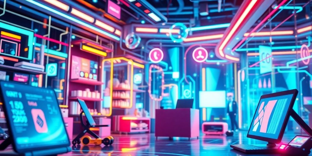 Futuristic e-commerce technology with vibrant colors and dynamics.