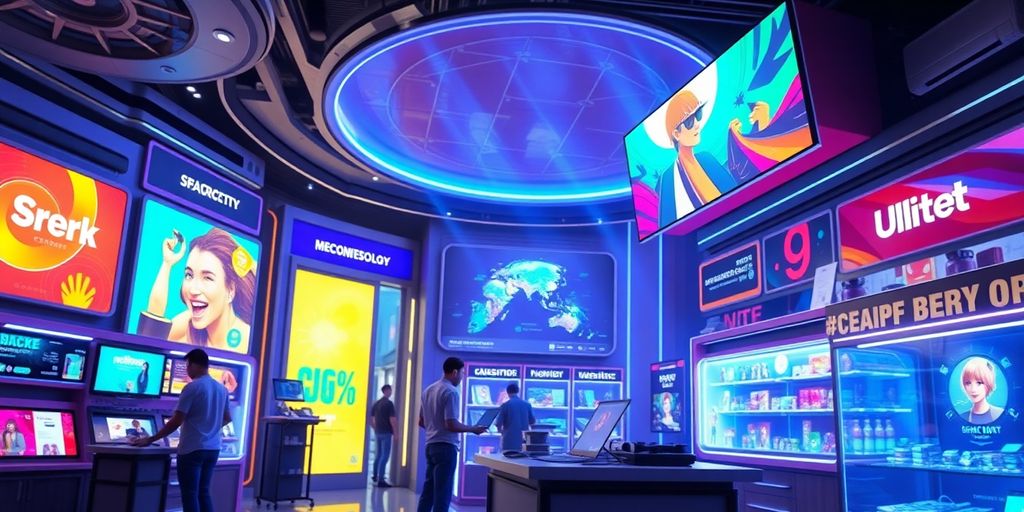 Futuristic e-commerce scene with engaging digital interfaces.