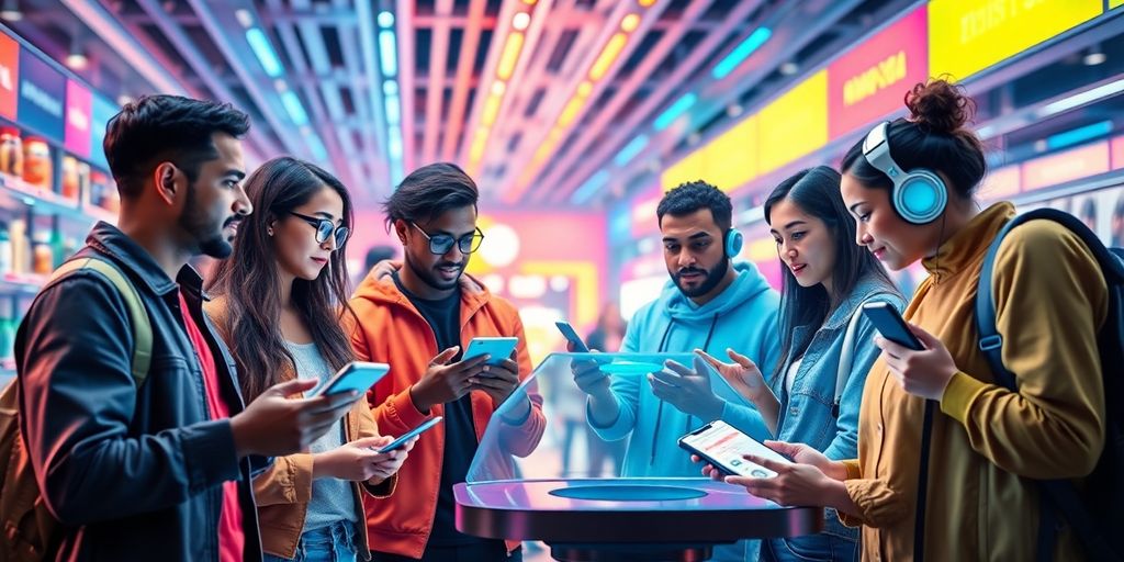 Diverse influencers using technology in a futuristic e-commerce setting.