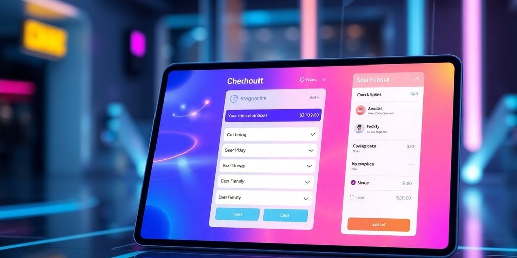 Futuristic ecommerce checkout interface on a digital device.