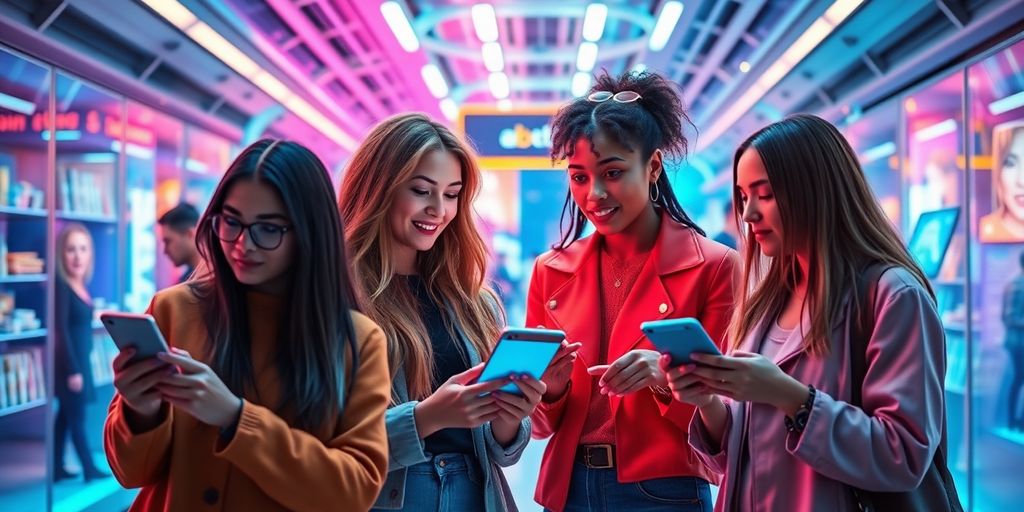 Diverse influencers engaging with technology in e-commerce.