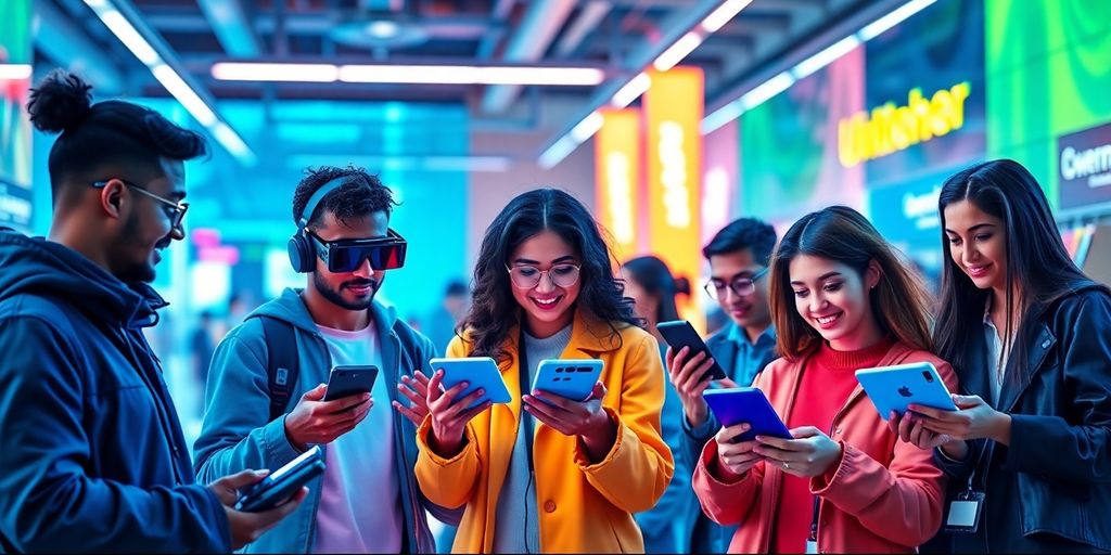 Diverse influencers engaging with technology in e-commerce.