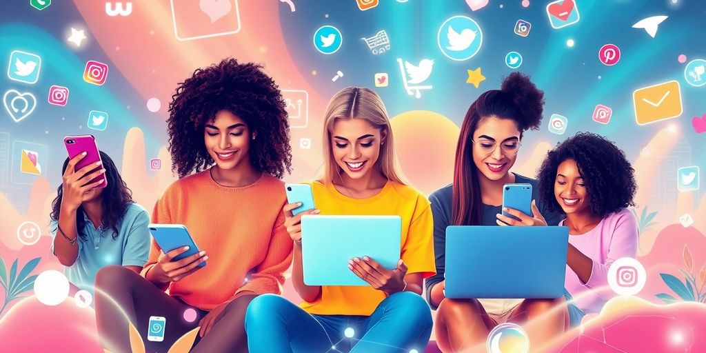 Diverse micro-influencers engaging with futuristic e-commerce technology.