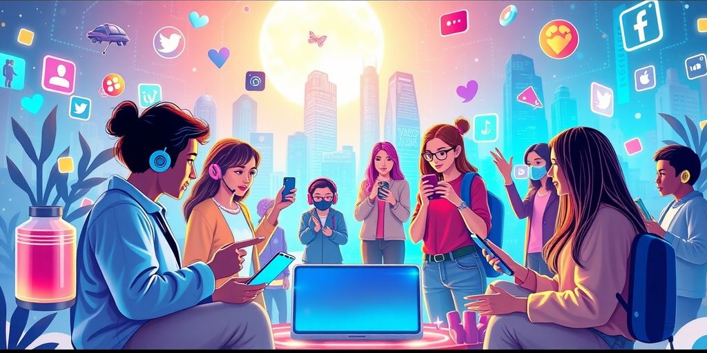 Diverse influencers collaborating in a futuristic digital landscape.