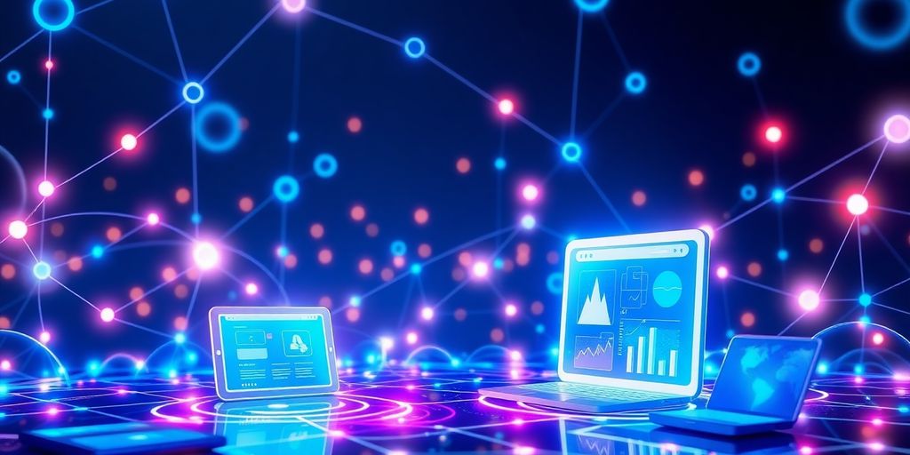 Futuristic e-commerce landscape with digital connections.