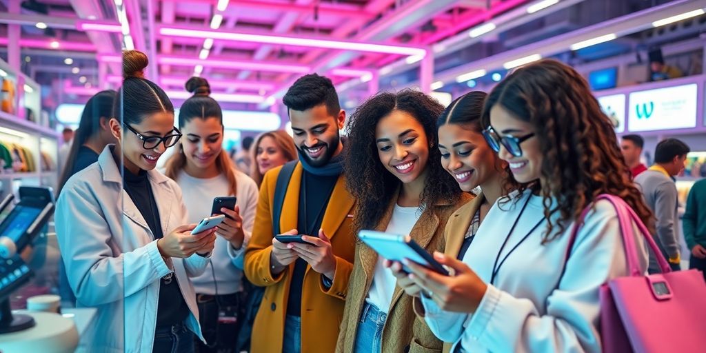 Diverse micro-influencers engaging with futuristic e-commerce products.