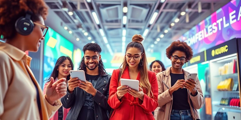 Diverse influencers interacting with futuristic technology in e-commerce.