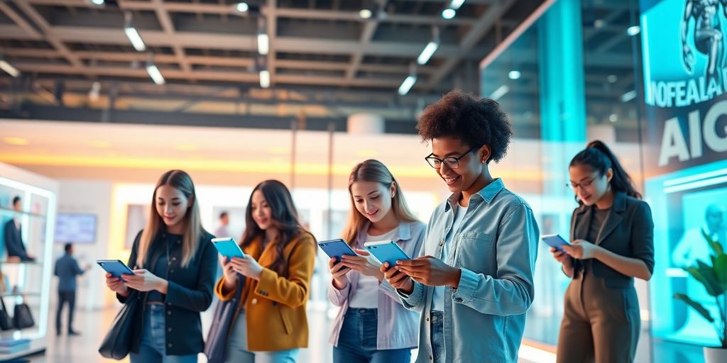 Diverse micro-influencers engaging with futuristic e-commerce technology.