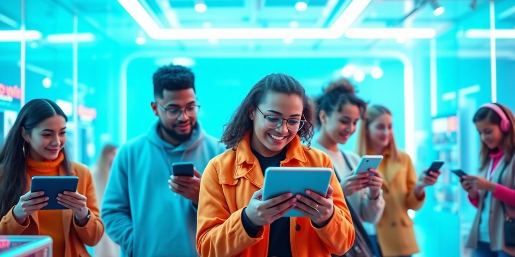 Diverse influencers engaging with technology in ecommerce setting.