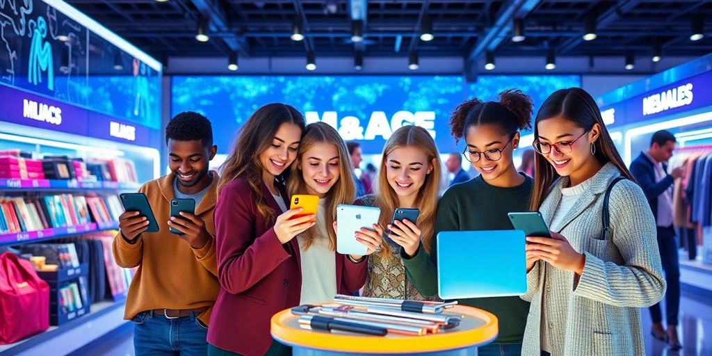 Micro-influencers engaging with futuristic technology in e-commerce.