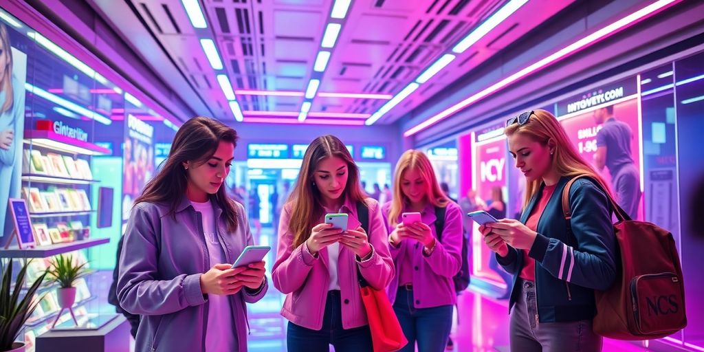 Futuristic ecommerce scene with influencers and technology.