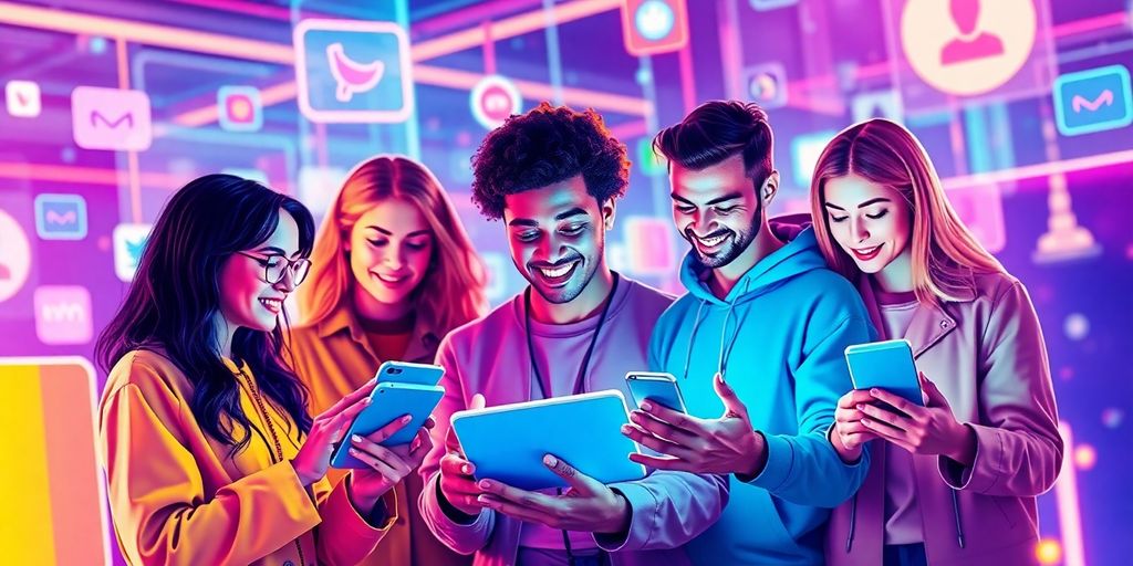 Diverse influencers engaging with technology in a digital setting.