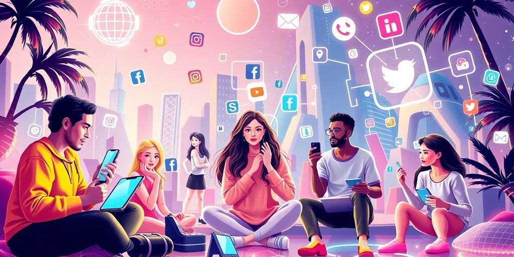 Diverse influencers engaging with futuristic e-commerce technology.