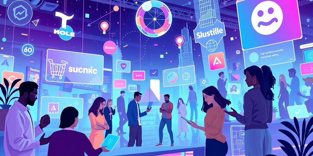 Diverse influencers engaging in futuristic e-commerce settings.