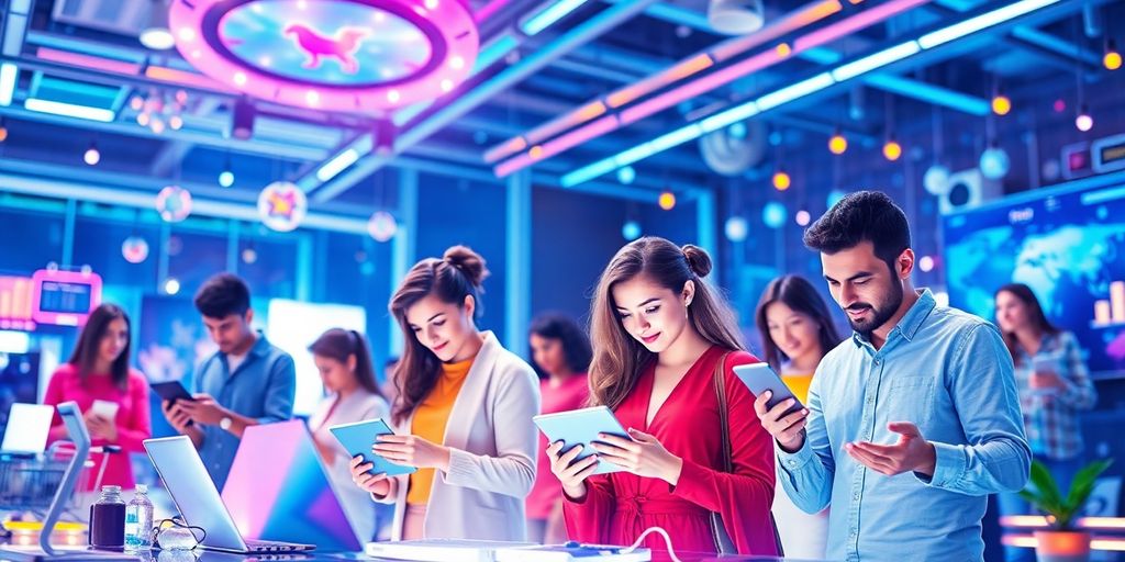 Futuristic e-commerce scene with diverse individuals and technology.